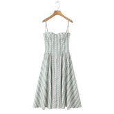 Women's green striped floral print corset style midi dress with slash neck.